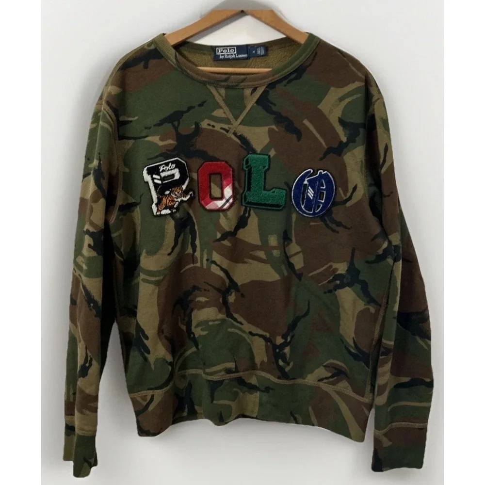 Mens Polo Ralph Lauren Big Logo Spell‎ Out Camo Fleece Sweatshirt Rare Med